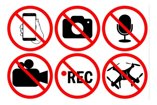Íconos: prohibido usar celular, cámara, micrófono, videocámara, grabar y drones